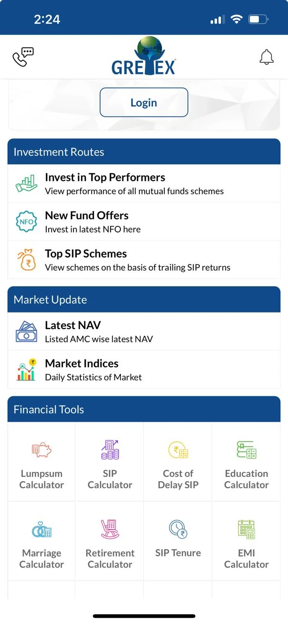 Gretex Mutual Funds app screen